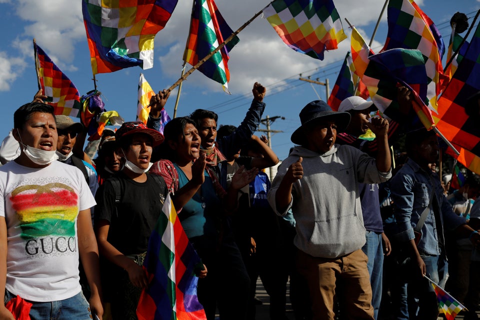 Supporters of former Bolivia's President Evo Morales participate in a demonstration in Cochabamba, Bolivia,...