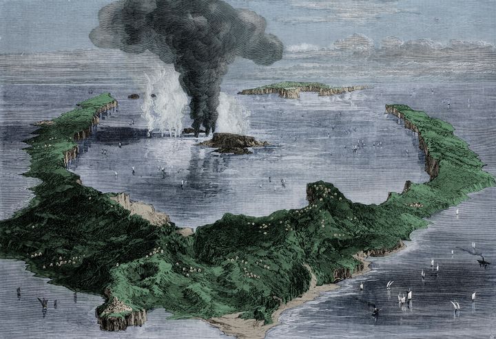 Η Σαντορίνη και το υποθαλάσσιο ηφαίστειο σε εικονογράφιση του 1866 για το περιοδικό The Illustrated London News.