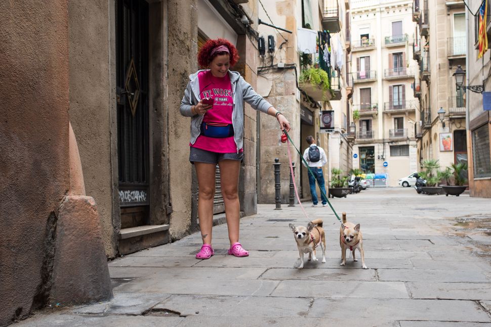 Page Light Studios a través de Getty Images Una mujer paseando a sus perros en el barrio de El Born de Barcelona, ​​que fue la primera área en implementar un superbloque.