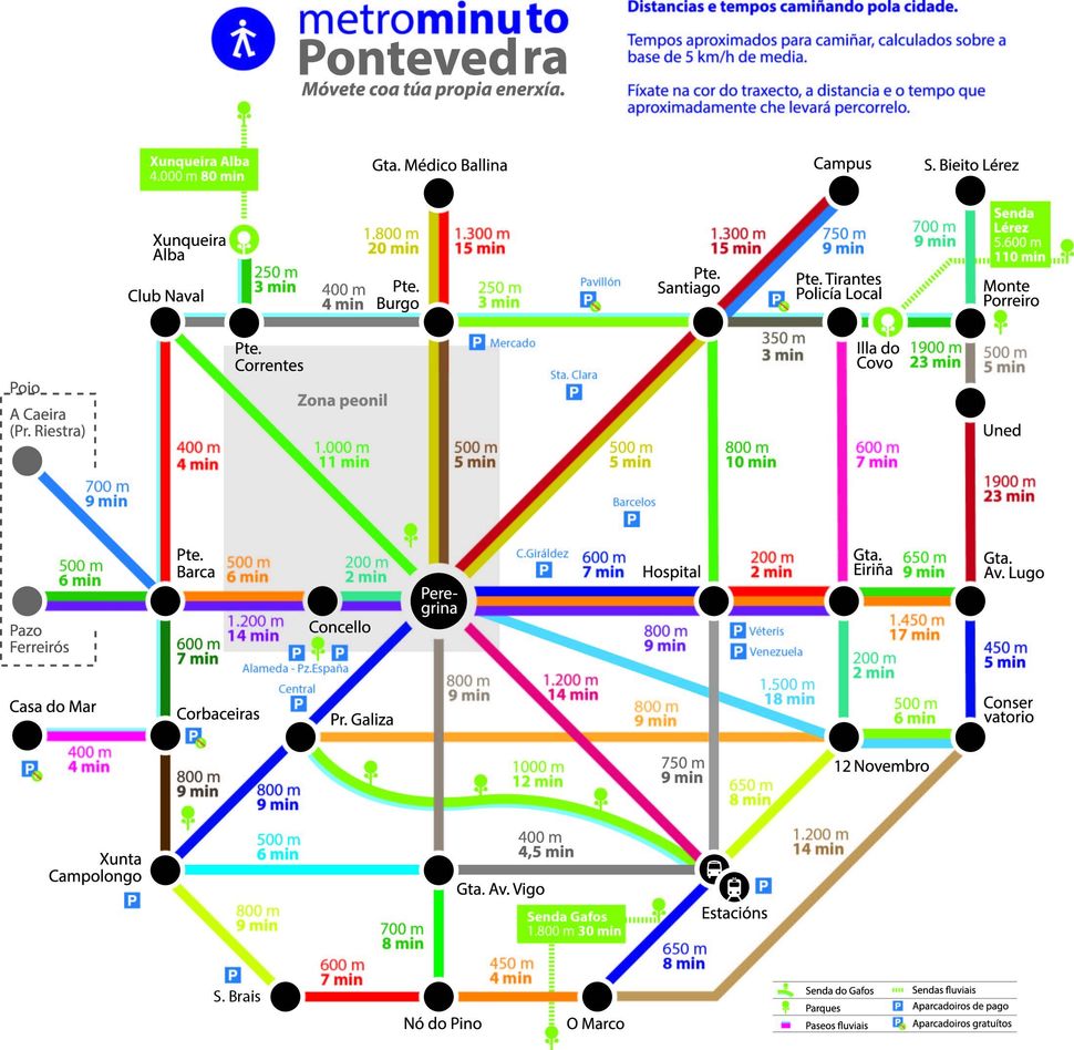Concello de Pontevedra El mapa del "metro" de Pontevedra muestra los tiempos de caminata entre las ubicaciones de la ciudad.