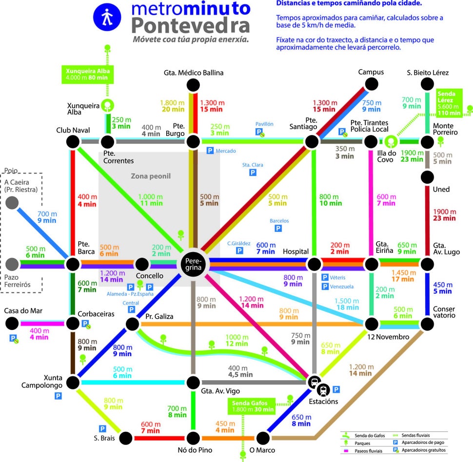 Pontevedra's "metro" map shows the walking times between city locations.