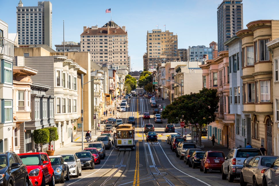 Cable Car on Hyde Street, San Francisco, California. The city is one of the least car-dependent in the U.S.