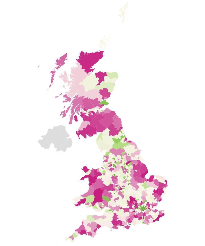 Pink areas show the least supportive areas when it came to the question while green areas are most supportive.