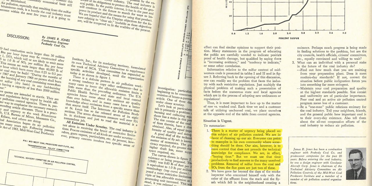 A discussion piece in the same 1966 issue of the Mining Congress Journal said the coal industry was merely “buying time” before more air pollution regulations went into effect.