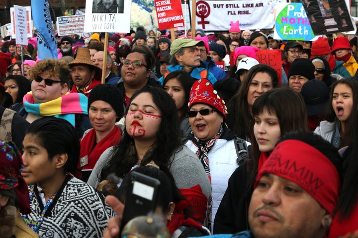 Thousands of Native Americans listen to speakers raising awareness of missing and murdered Indigenous women at a January 2019 march in Seattle.