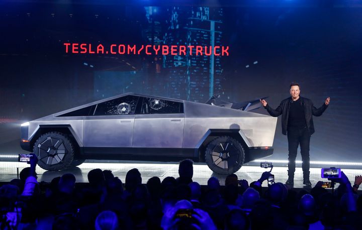 Tesla CEO Elon Musk introduces the Cybertruck at Tesla's design studio on Thursday, November 21, 2019.