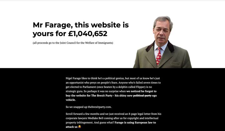 Led By Donkeys has offered to sell the brexitparty.com to Nigel Farage for a million pounds
