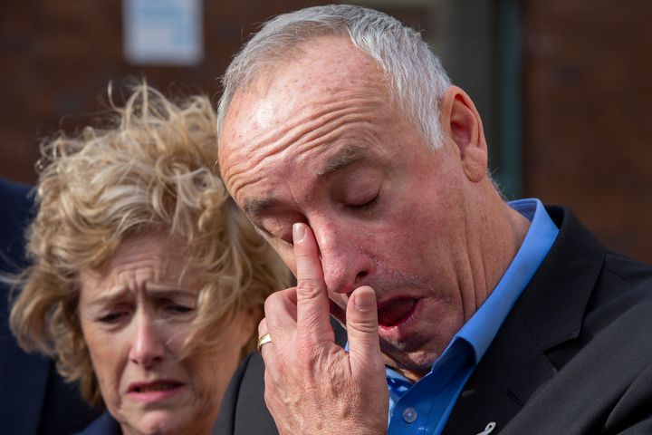 The parents of Grace Millane, David and Gillian Millane speak to media outside Auckland High Court