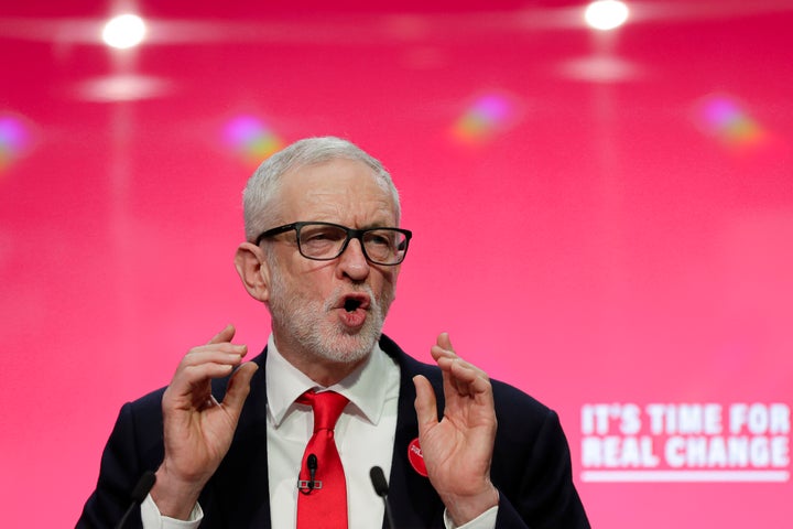 Jeremy Corbyn, Leader of Britain's opposition Labour Party, speaks on stage at the launch of Labour's General Election manifesto.