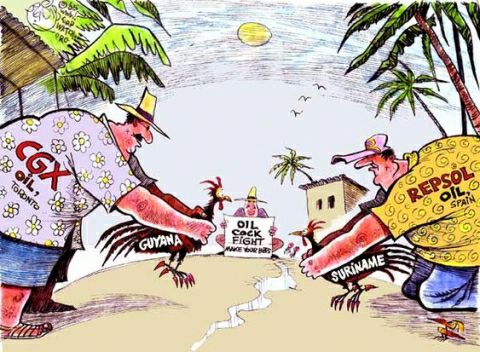 Ενδεικτικό και δηκτικό το σχόλιο του σκίτσου για το ρόλο των πετρελαϊκών εταιρειών στην διένεξη μεταξύ Γουιάνας-Σουρινάμ