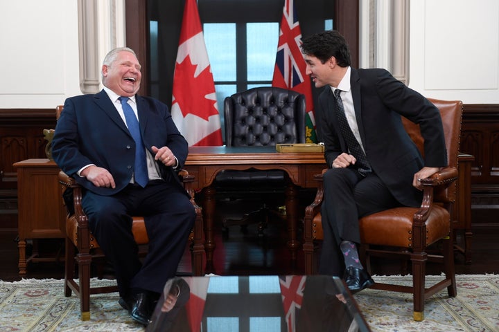 Prime Minister Justin Trudeau and Premier of Ontario Doug Ford share a laugh after Ford spoke French during a meeting in Ottawa on Nov. 22, 2019. 