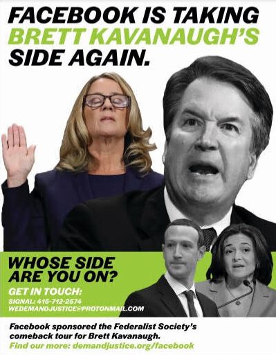 The Demand Justice flyer criticizing Facebook for sponsoring a Federalist Society gala honoring Brett Kavanaugh.