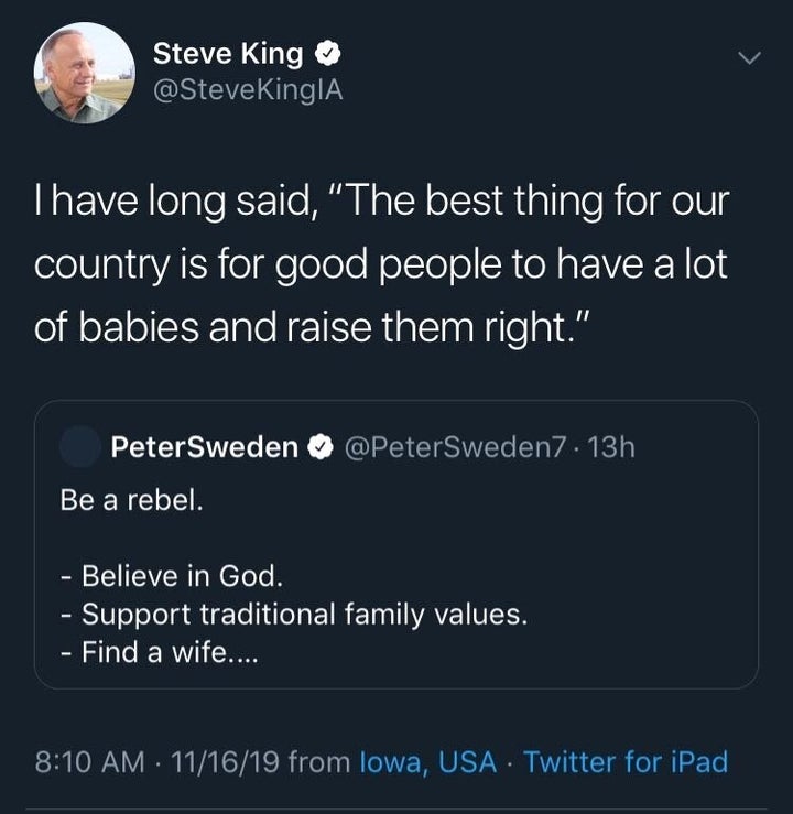 A tweet from Rep. Steve King, promoting far-right influencer Peter Sweden.