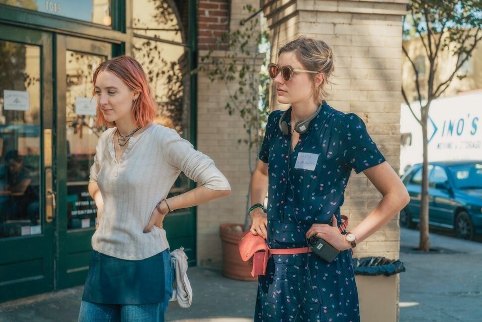 Saoirse Ronan and Greta Gerwig on the set of "Lady Bird" in 2016.