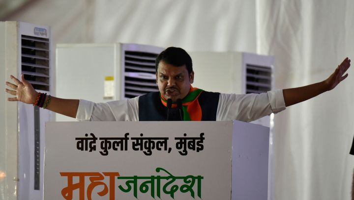 MUMBAI, INDIA - OCTOBER 18: Maharashtra CM Devendra Fadnavis during the Maharashtra assembly election rally at MMRDA ground, BKC, on October 18, 2019 in Mumbai, India. Modi accused the previous Congress government of failing to act after terror attacks in Mumbai, but said such a situation does not persist now as perpetrators now know they will be punished. (Photo by Kunal Patil/Hindustan Times via Getty Images)