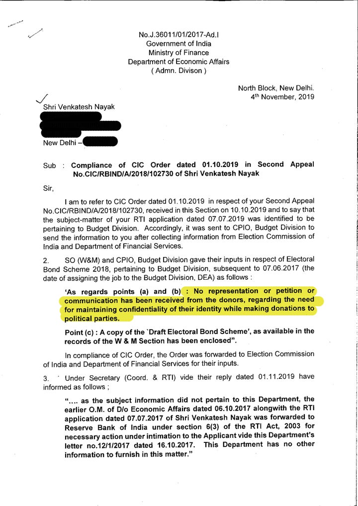 On November 4, 2019, the Finance Ministry responded to an RTI query about donors requesting anonymity while making donations to political parties. 