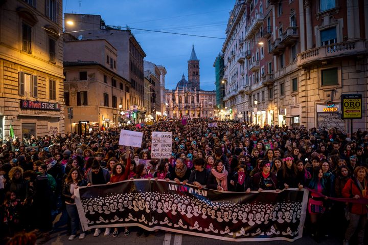 ROME, ITALY - NOVEMBER 23: Women hold a banner during a march organized by "Non una di meno" feminist movement, as part of the Commemoration of the International Day for the Elimination of Violence against Women, on November 23, 2019 in Rome, Italy. (Photo by Antonio Masiello/Getty Images)