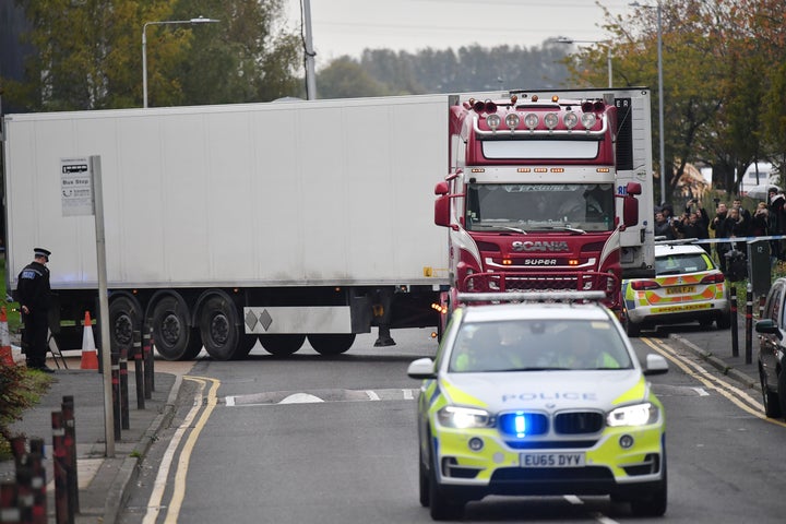 The lorry and trailer in which 39 Vietnamese migrants were found dead in October. 