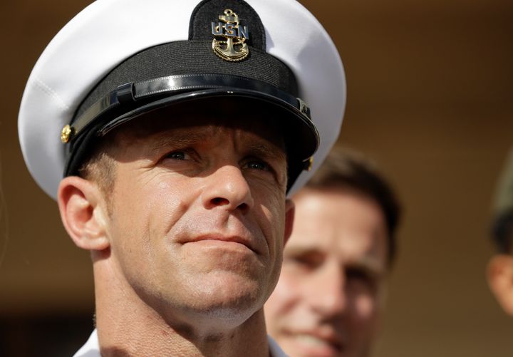Navy Special Operations Chief Edward Gallagher leaves a military court on Naval Base San Diego, Tuesday, July 2, 2019, in San Diego. (AP Photo/Gregory Bull)