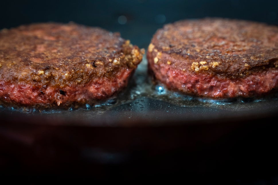 NEW YORK, NY - JUNE 13: In this photo illustration, two patties of Beyond Meat "The Beyond Burger" cook in a skillet, June 13, 2019 in the Brooklyn borough of New York City. Since going public in early May, Beyond Meat's stock has soared more than 450 percent and its market value is over $8 billion. Beyond Meat is a Los Angeles-based producer of plant-based meat substitutes, including vegan versions of burgers and sausages. (Photo Illustration by Drew Angerer/Getty Images)
