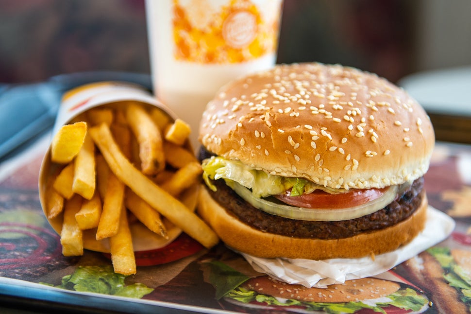 RICHMOND HEIGHTS, MO - APRIL 01: In this photo illustration, an 'Impossible Whopper' sits on a table at a Burger King restaurant on April 1, 2019 in Richmond Heights, Missouri. Burger King announced on Monday that it is testing out Impossible Whoppers, made with plant-based patties from Impossible Foods, in 59 locations in and around St. Louis area. (Photo Illustration by Michael Thomas/Getty Images)