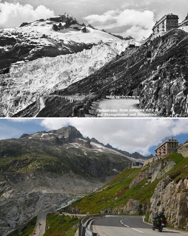 Ντοκουμέντο κλιματικής αλλαγής: Ο παγετώνας Rhone και το ξενοδοχείο Belvedere πριν από το 1938 και το 2019.