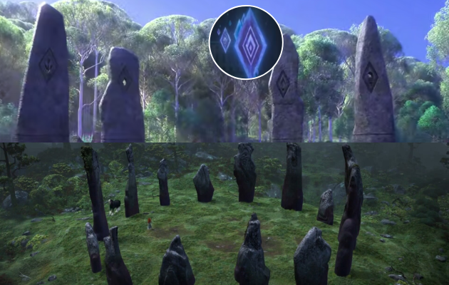 Arriba, rocas del bosque encantado de 'Frozen 2'. Abajo, rocas del bosque 'Brave'.