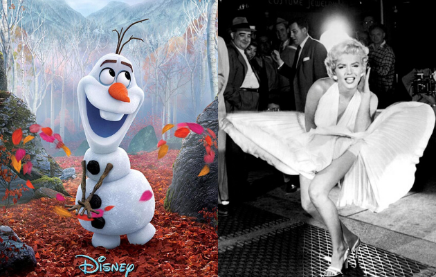 Olaf, en 'Frozen 2', y Marilyn Monroe en 'La tentación vive arriba'.
