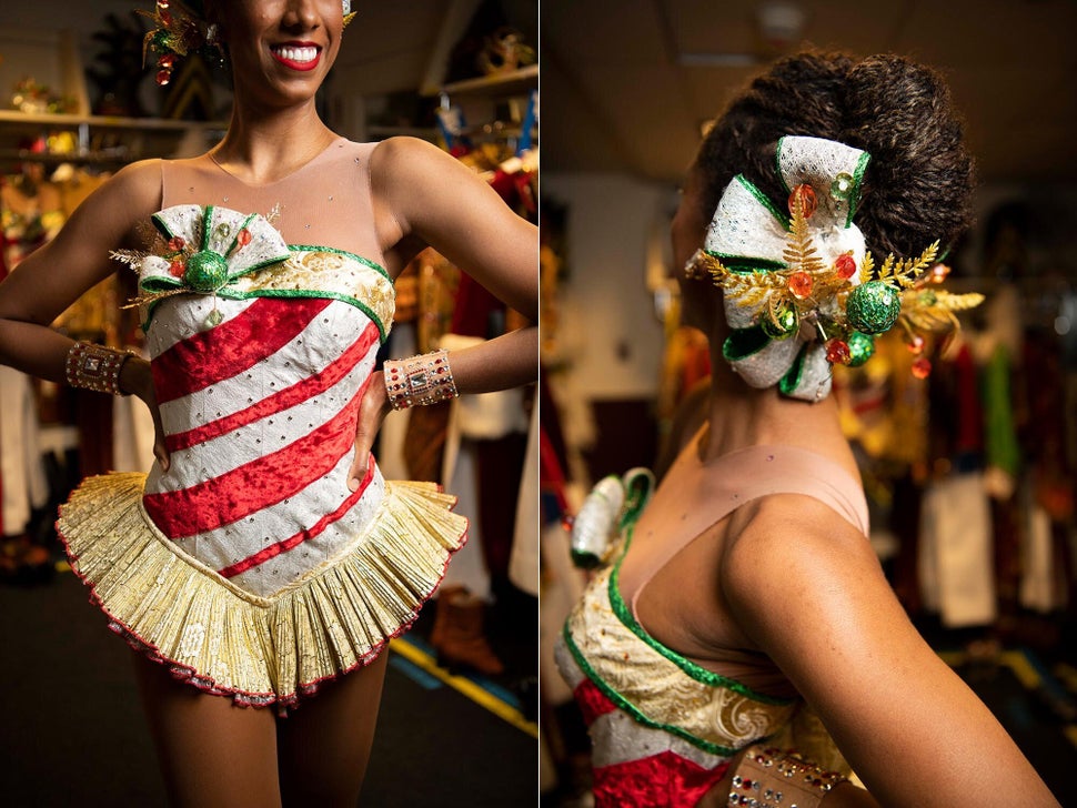 Accents on the "12 Days of Christmas" costume. The shoes for this costume have microphones attached to the bottom so the audience can closely hear the tapping.&nbsp;