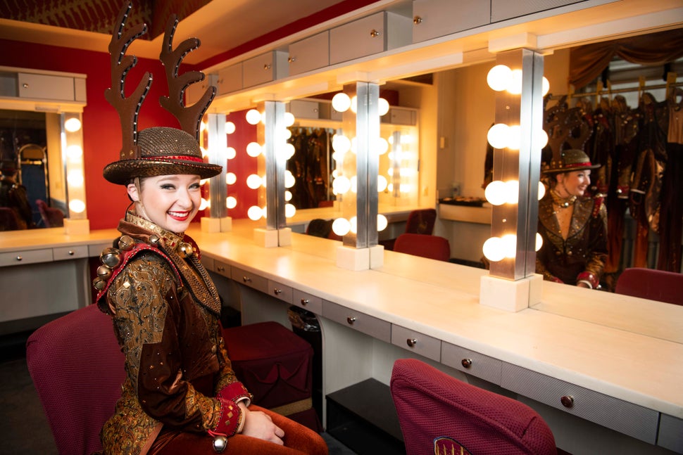 Shelby Finnie in the Rockettes' dressing room, wearing the only costume they change into up there.