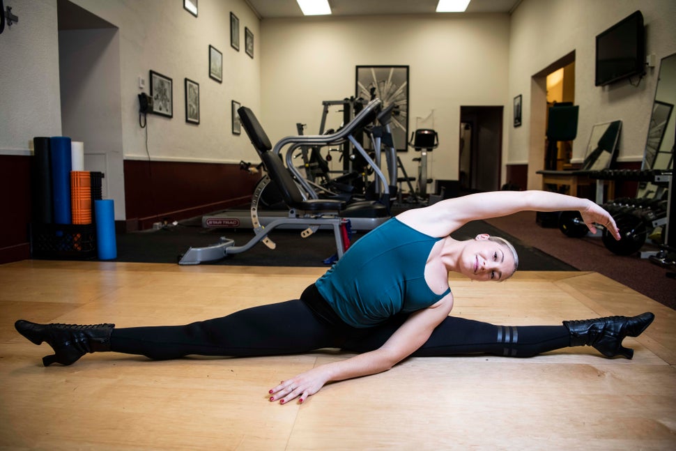 McKenzie McGrath stretching in Radio City's athletic training center. 