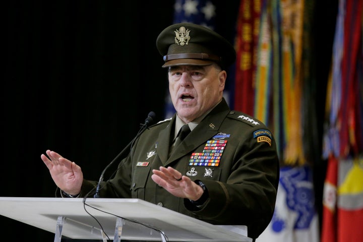 Chairman of the Joint Chiefs of Staff Gen. Mark A. Milley speaks during a change of command ceremony at Offutt AFB in Nebraska, Monday, Nov. 18, 2019. (AP Photo/Nati Harnik)