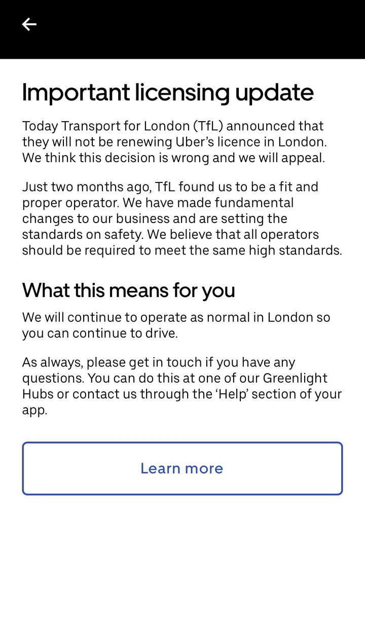 The message Uber drivers received on Monday morning.