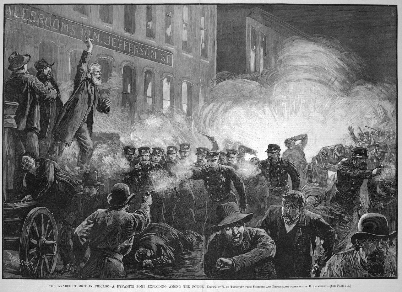 In an image published in Harper's Weekly, Samuel Fielden, a radical socialist from England, stands atop the speaker's wagon as a dynamite bomb explodes, triggering the tragic events at Haymarket Square, Chicago, in 1886. 