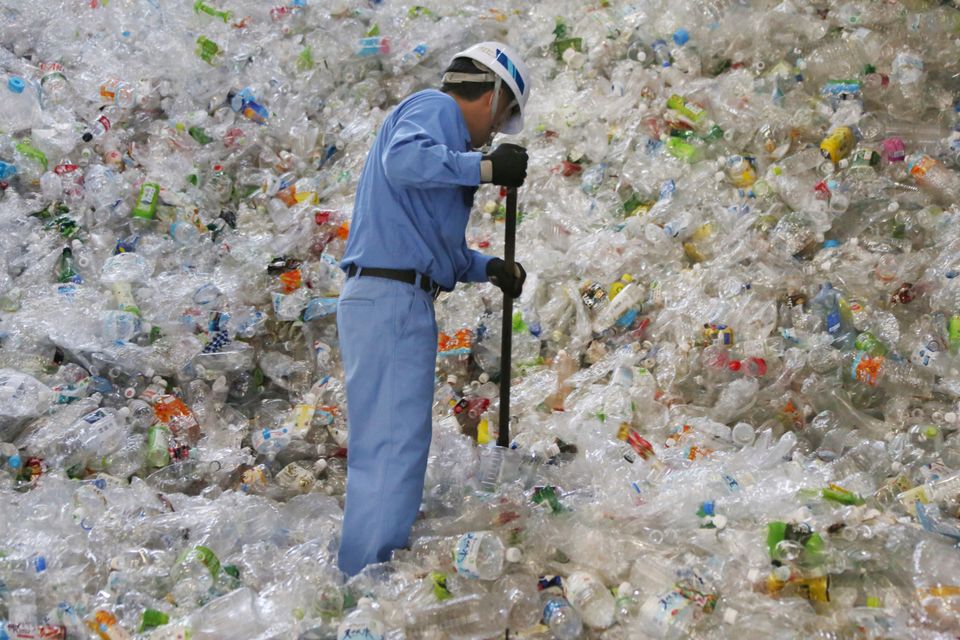 A plastic recycling company worker sorts out plastic bottles in Tokyo. 