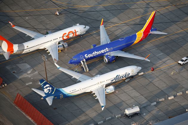 An aerial photo shows three 737 MAX aircrafts at Boeing facilities in Moses Lake, Washington on Sept. 16, 2019. 