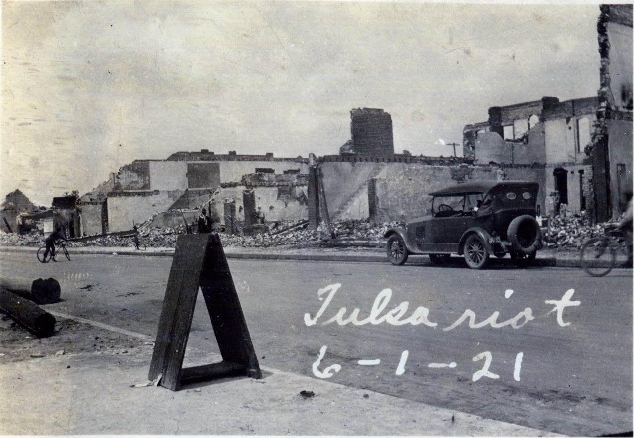 Burned buildings after the Tulsa Race Massacre in Oklahoma in June 1921.
