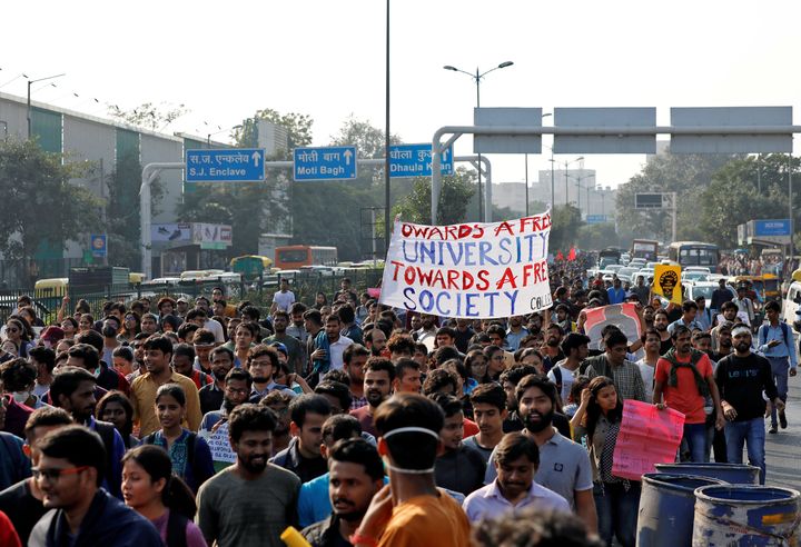 Students of Jawaharlal Nehru University (JNU) march during a protest against a proposed fee hike, in New Delhi, India, November 18, 2019.