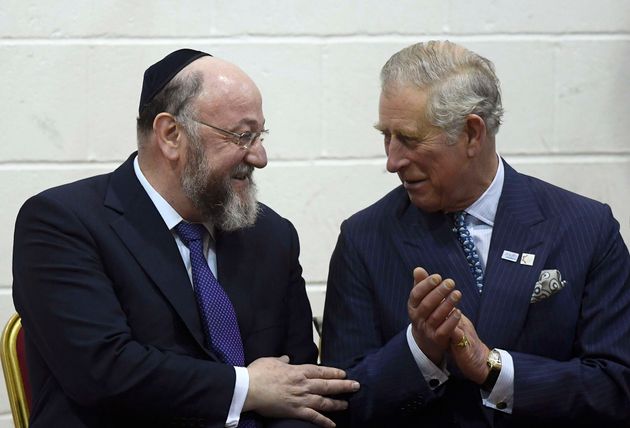 Britain's Prince Charles, right, speaks with chief rabbi Ephraim Mirvis during a visit to Yavneh College, an Orthodox Jewish School, in north <a href='/hashtag/London'>London</a>, Wednesday, Feb. 1, 2017.  Prince Charles met with Yavneh students involved in the Jewish Lads’ and Girls’ Brigade (JLGB) from several of its groups across Hertfordshire.  The organisation works alongside the school and helps train and develop young people of the Jewish faith across the UK. (Toby Melville/Pool Photo via AP)February 1, 2017. REUTERS/Toby Melville