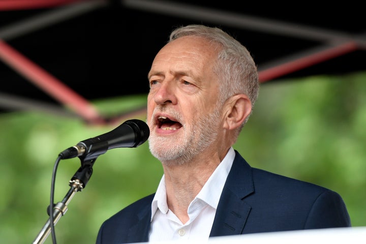 Labour leader Jeremy Corbyn speaks during the Anti-Trump protest in London.