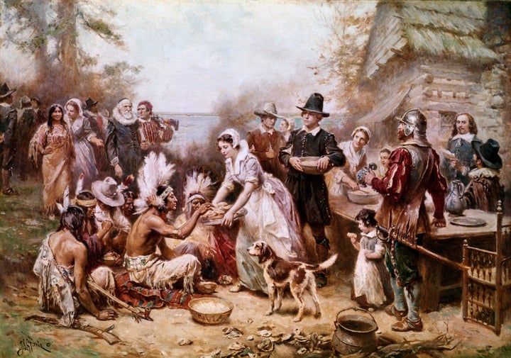 This painting by J.L.M. Ferris depicts the first Thanksgiving ceremony with Native Americans and the Pilgrims in 1621, but it doesn't tell the full story.