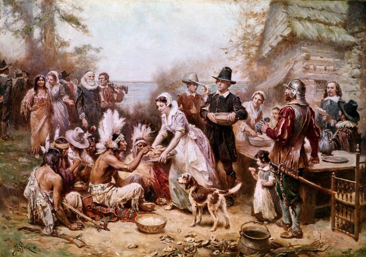 This painting by J.L.M. Ferris depicts the first Thanksgiving ceremony with Native Americans and the Pilgrims in 1621, but it doesn't tell the full story.