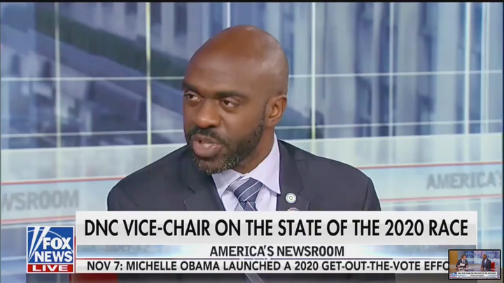 Democratic National Committee Vice Chair Michael Blake repeatedly asked why conservative Fox News host Tucker Carlson remains employed by the network after calling white supremacy a "hoax."