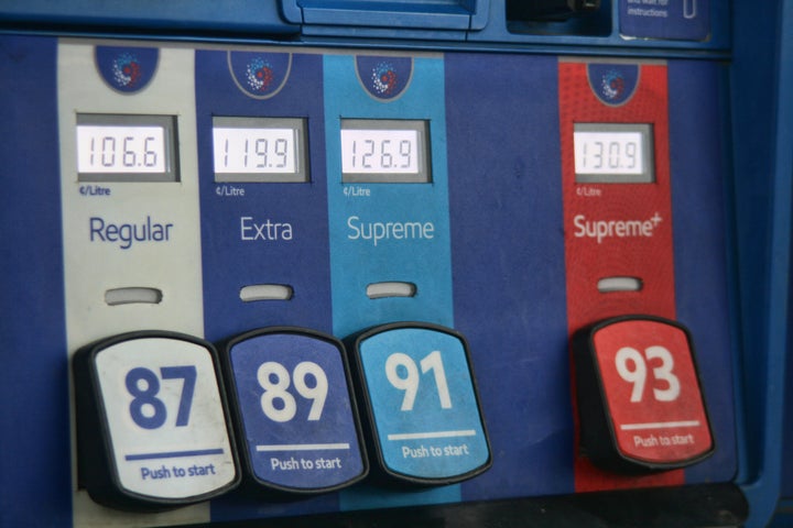 Fuel prices listed on a gas pump at a station in Maple, Ont.