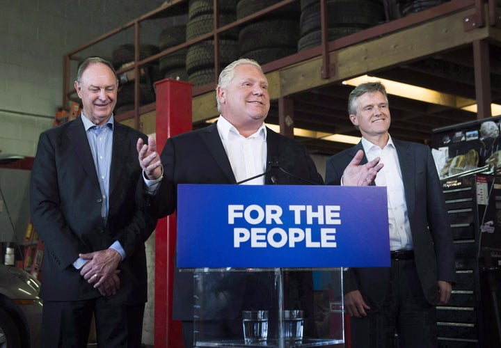 Minister of Natural Resources John Yakabuski makes an announcement with Premier Doug Ford and Finance Minister Rod Phillips in 2018.