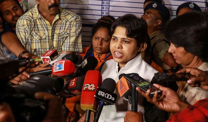 Bhumata Brigade chief and social activist for gender equality Trupti Desai along with other activists speaks to the media, after a failed attempt to visit Sabarimala temple, in Kochi on November 26, 2019. 