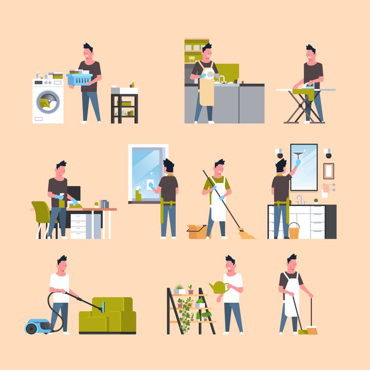 set men doing housework different housecleaning concepts collection male cartoon characters full length flat vector illustration