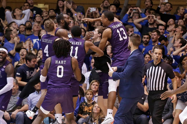 Stephen F. Austin players celebrated the team's 85-83 overtime upset win over No. 1 Duke.