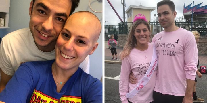 Jillian Hanson and Max Allegretti during Hanson's chemo treatment and after, at a breast cancer fundraiser walk.