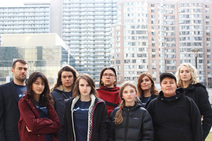 The group behind the lawsuit demanding more action from Premier Doug Ford's government are pictured in Toronto, Nov. 28, 2019. From left to right: Ecojustice lawyer Fraser Thompson, applicants Sophia Mathur, Madison Dyck, Alex Neufeldt, Shelby Gagnon, Zoe Keary-Matzner, Shaelyn Wabegijig, Beze Gray, and Ecojustice lawyer Danielle Gallant.